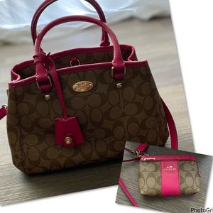 Coach Pink & Brown Handbag & Matching Wristlet